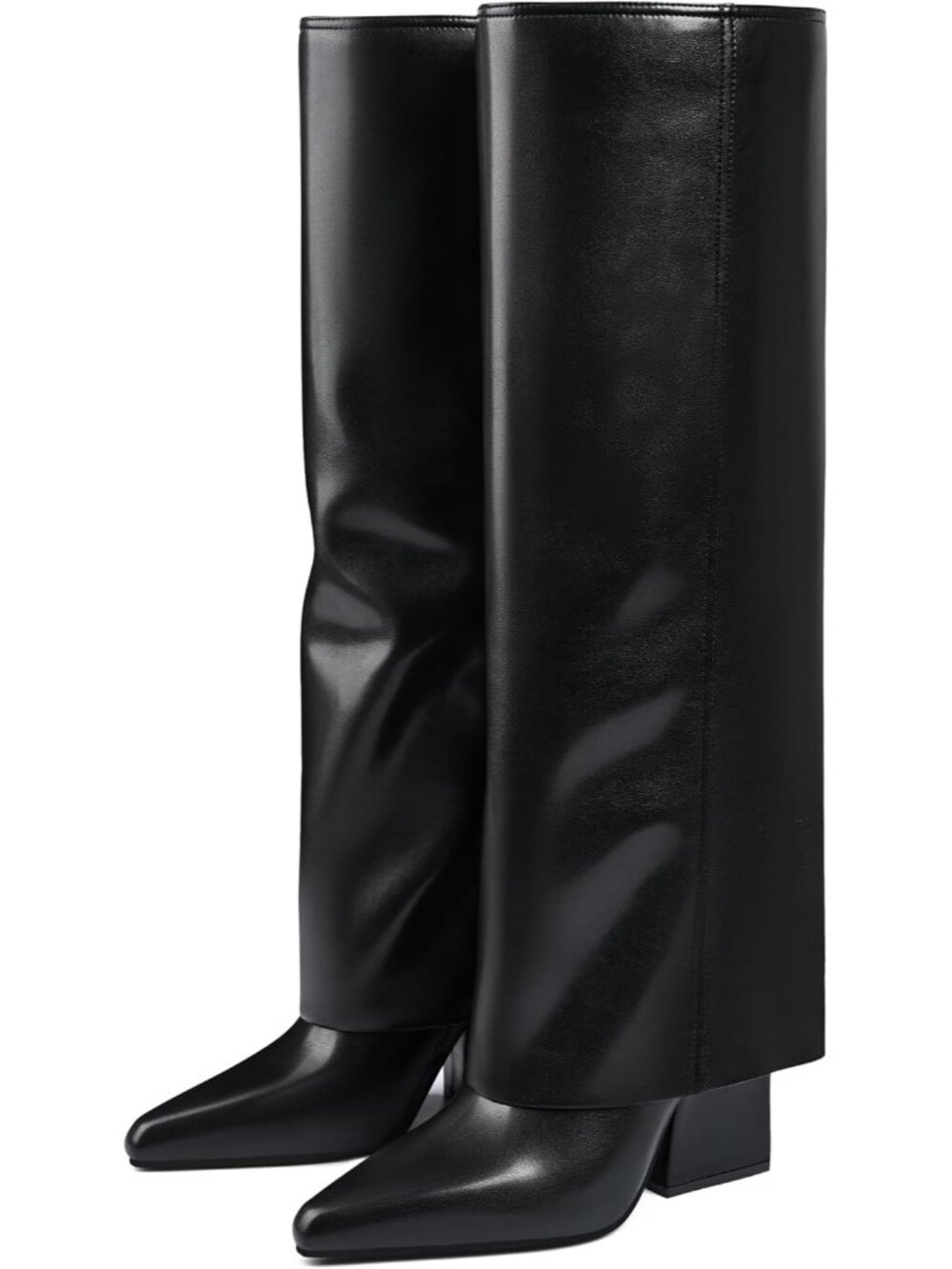 Women's Black Block Low Heels Knee High Fold Over Pointed Toe Shark Tall Boots